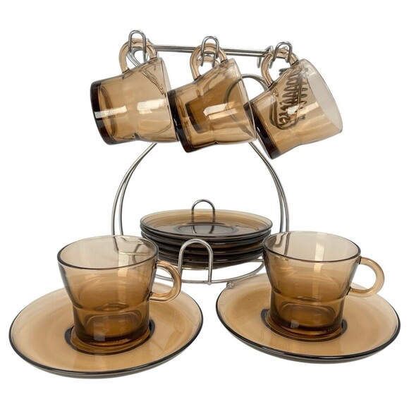 Duralex Other - Duralex Amber Brown Glass Espresso Coffee Cup & Saucer 12 Pc Set + Display Stand